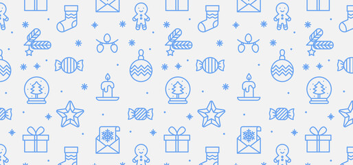 Christmas cute pattern. Funny flat cartoon icons. Xmas and winter holidays elements background. Print for fabric, wrapping paper or wallpaper. Happy New Year and Christmas Day