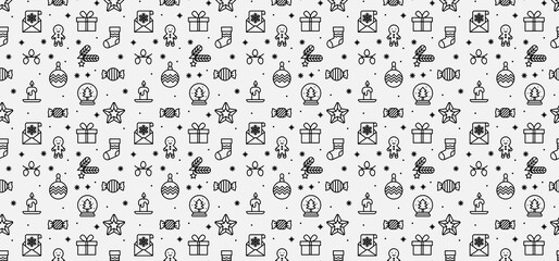 Fototapeta na wymiar Christmas cute pattern. Funny flat cartoon icons. Xmas and winter holidays elements background. Print for fabric, wrapping paper or wallpaper. Happy New Year and Christmas Day