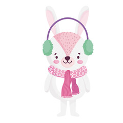 merry christmas, cute bunny with earmuffs celebration icon isolation