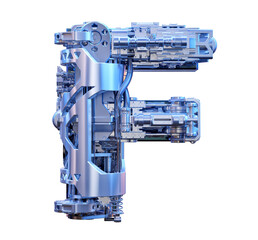 Technology 3D alphabet font design. Modern digital typography uppercase one letter F logo. Robot machine device tech style ABC typeface creative lettering isolated. Hi-tech metal letter F illustration