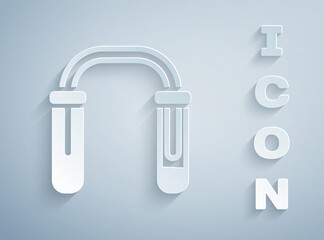 Paper cut Test tube and flask - chemical laboratory test icon isolated on grey background. Fluid transfer system. Laboratory glassware sign. Paper art style. Vector.