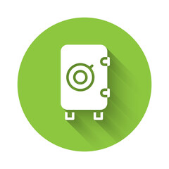 White Safe icon isolated with long shadow. The door safe a bank vault with a combination lock. Reliable Data Protection. Green circle button. Vector.