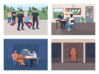 Police investigation flat color vector illustration set. Arrest burglar. Officer interview victim. Policeman, witness and criminal 2D cartoon characters with department interior on background pack