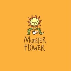 Card with Venus flytrap. Comic drawing of  predatory flower. Vector doodle colorful image. Monster plant print.