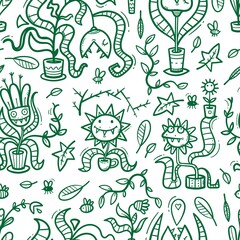 Seamless pattern  with Venus flytraps on white background. Monsters plants print. Comic drawing of  predatory flowers. Vector doodle wallpaper.