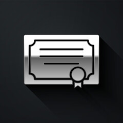 Obraz premium Silver Certificate template icon isolated on black background. Achievement, award, degree, grant, diploma concepts. Long shadow style. Vector.