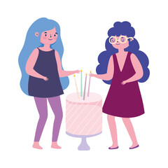 young women with birthday cake with candles celebration party cartoon