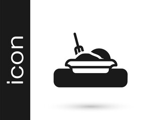 Black Plate, fork and knife icon isolated on white background. Cutlery symbol. Restaurant sign. Vector.
