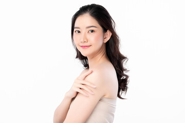 Obraz premium Beautiful young asian woman with clean fresh skin on white background, Face care, Facial treatment, Cosmetology, beauty and spa, Asian women portrait