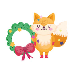 Fototapeta premium merry christmas, cute fox with wreath decoration cartoon celebration icon isolation