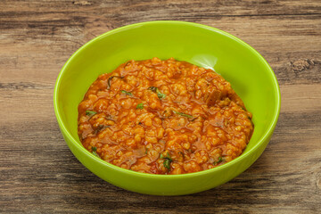 Traditional Georgian Kharcho soup with meat