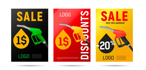 advertising poster for petrol discount, one dollar per litre with stylized illustration of oil drop from realistic gas gun nozzle