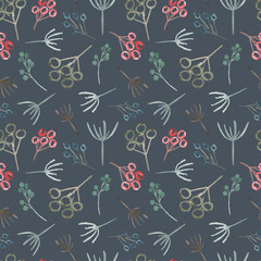 Seamless pattern with watercolor berries and twigs. Christmas background. For printing, gift wrapping, textiles, wallpaper.