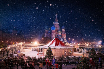 Moscow, Russia New Year.  Saint Basil's Cathedral on the background.  Christmas holidays, snowy...