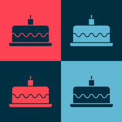 Pop art Cake with burning candles icon isolated on color background. Happy Birthday. Vector.