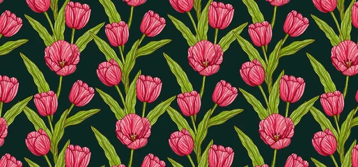 Selbstklebende Fototapeten Hand drawn pattern of tulips flower and leaves. Pink and green colors with line art, vector illustration. Best for invitation, print, card, poster. © origami88