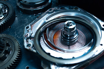 automatic transmission in disassembled form auto parts in the workshop gear, clutch