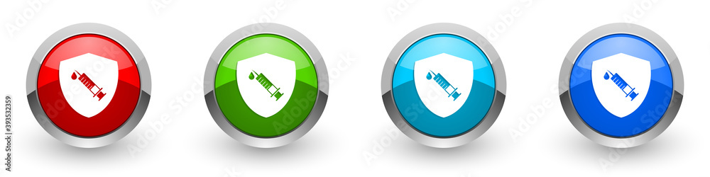 Poster Vaccine shield concept silver metallic glossy icons, set of modern design buttons for web, internet and mobile applications in four colors options isolated on white background
