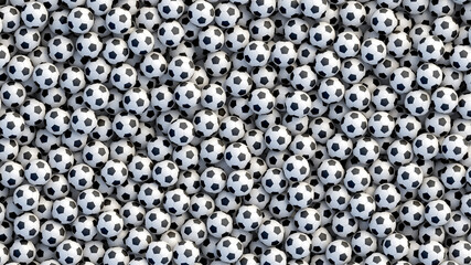 Huge pile of soccer balls background. Heap of classic black and white soccer balls. Realistic vector background