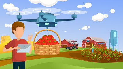 Man with a tablet controls a drone on a smart farm through an app. The quadcopter carries a basket of tomatoes. Girl collects ripe tomato and harvests. Future technologies. Agricultural automation