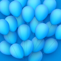 Bunch of blue balloons with threads on blue background.