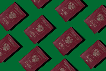 passport of the Russia on a green background. documents for travel abroad or immigration. flat lay, top view.