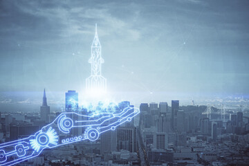 Double exposure of start up theme drawings over cityscape background. Concept of success.