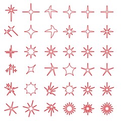 Obraz premium Red linear star sparkles vector set. Bright firework, decoration twinkle, shiny flash. Glowing light effect