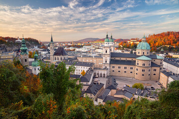 Salzburg, Austria. Cityscape image of the Salzburg, Austria with Salzburg Cathedral at autumn sunset.