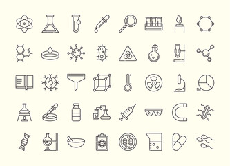 biology chemistry science equipments element line icons set style