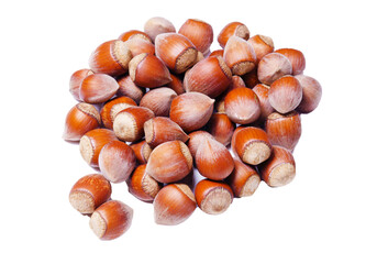 unshelled hazelnuts isolated on white background. healthy food