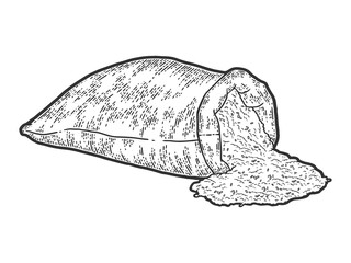 Scattered rice in bag isolated on white background. Engraving raster illustration.