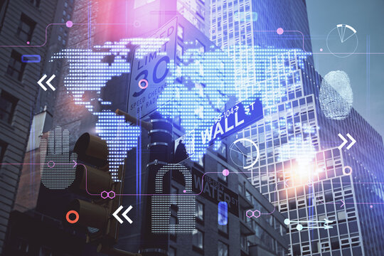 Map and data theme hologram on city view with skyscrapers background double exposure. International technology in business concept. - Powered by Adobe