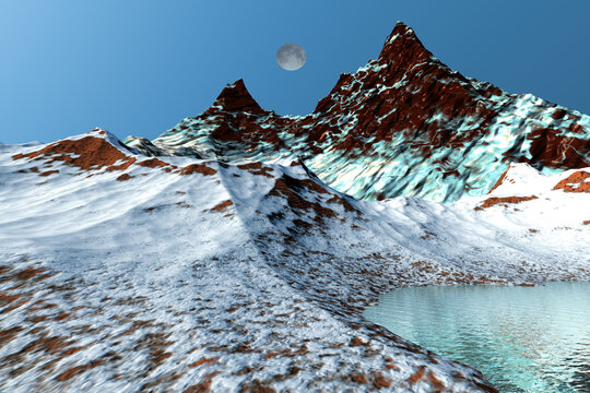 Polar landscape, 3d rendering, snow and ice, clear sky and moon.