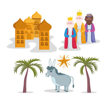 nativity, manger three wise kings donkey and star cartoon icons