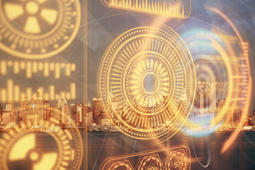Double exposure of technology theme hologram and cityscape background. Concept of Hightech.