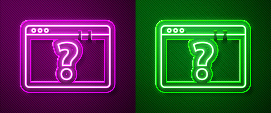 Glowing neon line Browser with question mark icon isolated on purple and green background. Internet communication protocol. Vector Illustration.