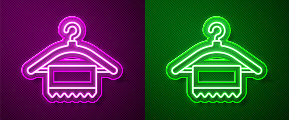 Glowing neon line Hanger wardrobe icon isolated on purple and green background. Clean towel sign. Cloakroom icon. Clothes service symbol. Laundry hanger. Vector Illustration.