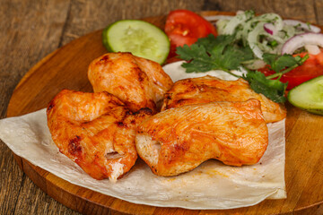 Caucasian chicken shashlik served vegetables