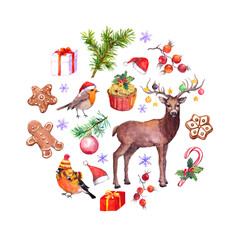 Christmas elements - deer, christmas tree branches, gift boxes, ginger coockies, snowflakes. Watercolor