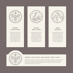 Christmas Set of Banner Templates with Line Art. Empty Space for text and Icons for Mistletoe, Champagne, Skates and Wine Glasses. Stylish Logo for Web, Mailing lists, Tags, Invitations and Greetings