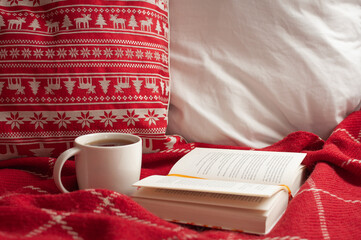 Gemütliche Pause mit Buch zum Lesen, Tee, Kissen und Wolldecke auf der Couch, rot-weiß,...