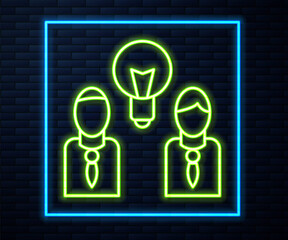Glowing neon line People with lamp bulb icon isolated on brick wall background. Concept of idea. Vector.