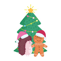 merry christmas, hedgehog and gingerbread man with tree celebration icon isolation