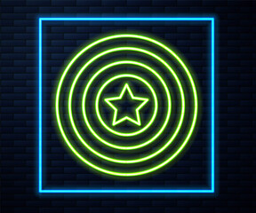 Glowing neon line American star shield icon isolated on brick wall background. United States of America country flag. 4th of July. USA Independence day. Vector.