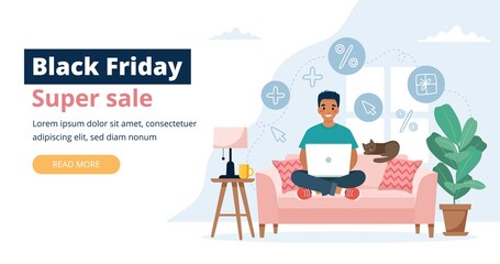 Black friday banner with man holding a laptop. Vector illustration template