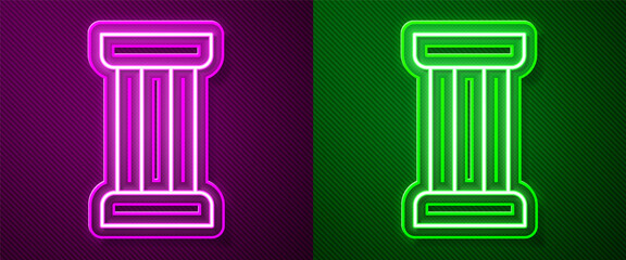 Glowing neon line Ancient column icon isolated on purple and green background. Vector.