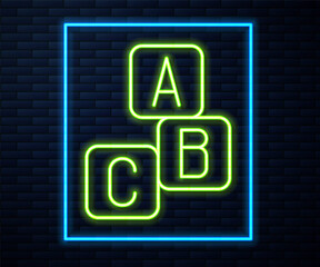 Glowing neon line ABC blocks icon isolated on brick wall background. Alphabet cubes with letters A,B,C. Vector.