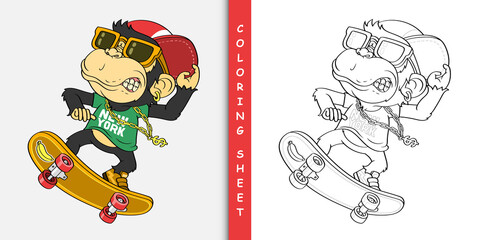 Cartoon skater monkey, Coloring sheet © kancut