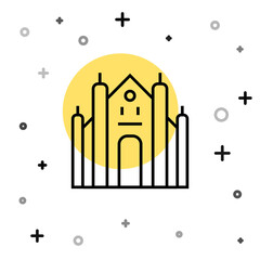 Black line Milan Cathedral or Duomo di Milano icon isolated on white background. Famous landmark of Milan, Italy. Random dynamic shapes. Vector.